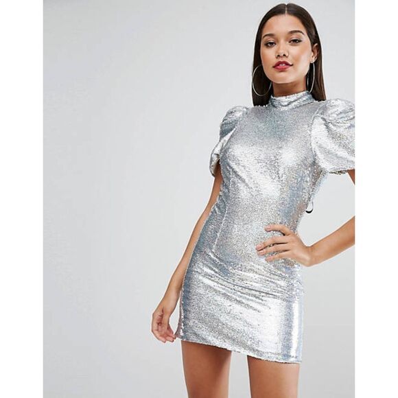 ASOS 80's Sleeve Sequin Iridescent Bow Back Mini Dress 2 - Picture 3 of 12